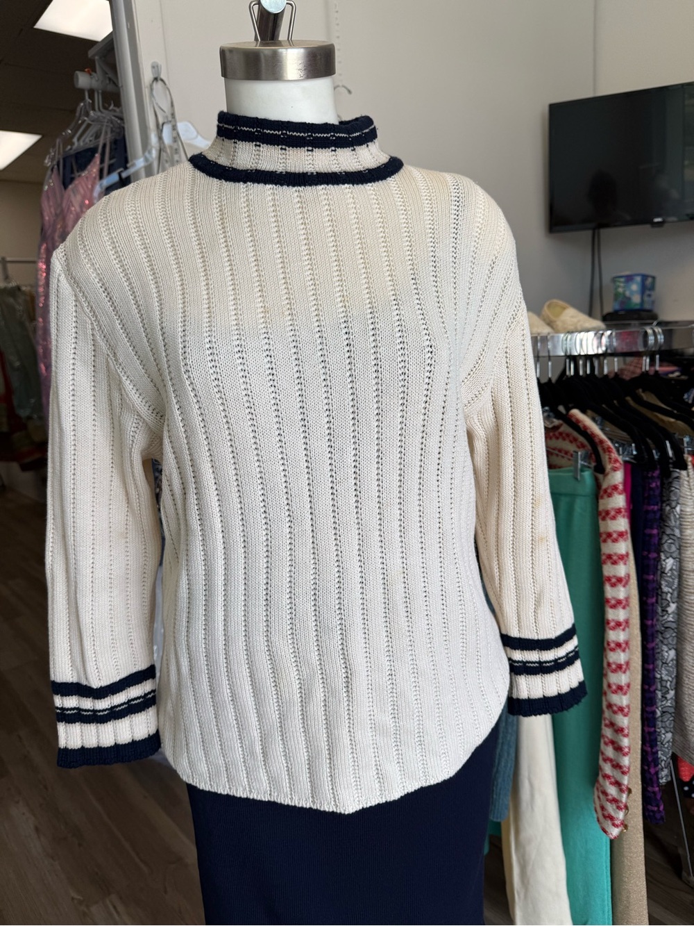 St. John Collection Cream Ribbed Turtleneck Sweater with Navy Trim
